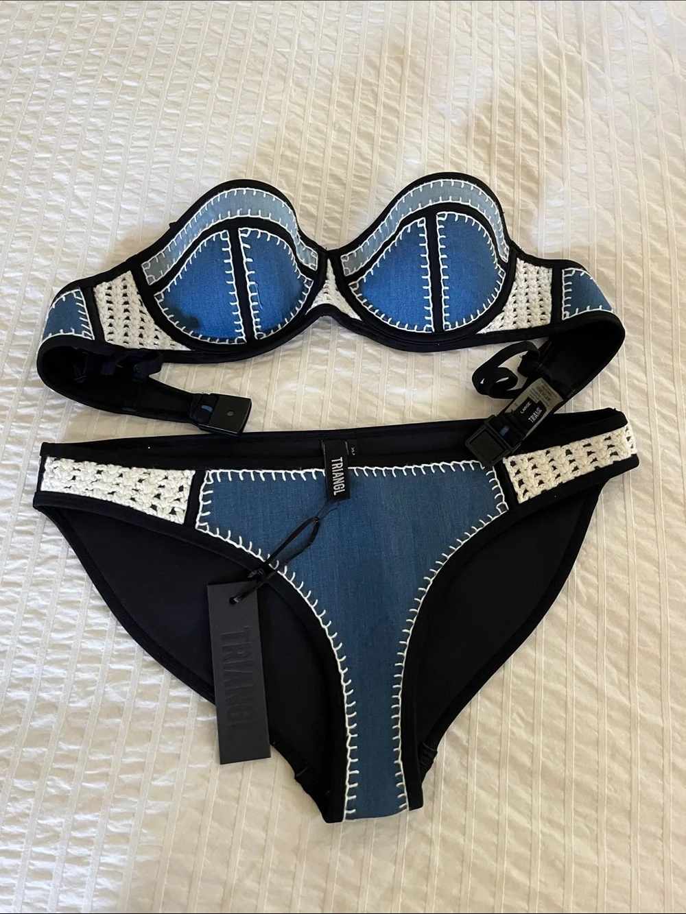 triangl swimwear Blue and White Crochet-Trim Bikini Set